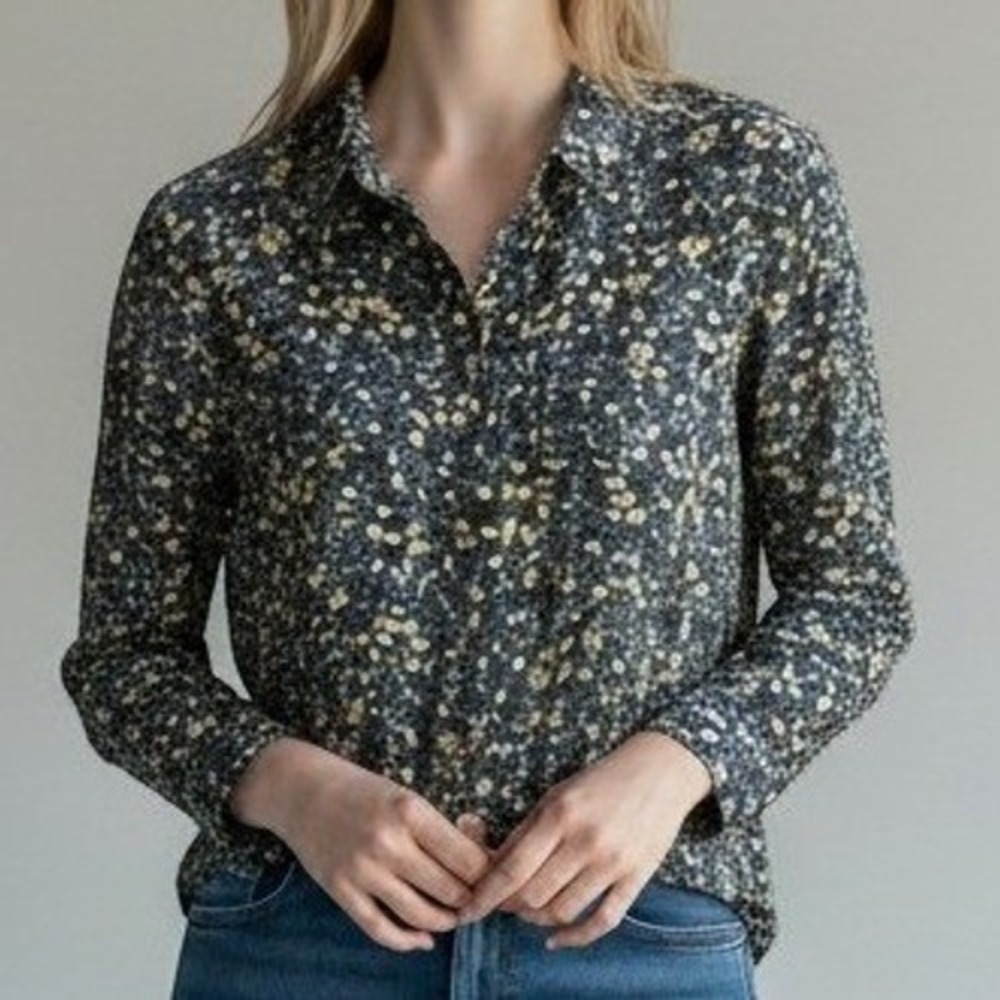 J.Crew Classic Fit 100% Silk Floral Button Down Shirt Black Yellow Size 8